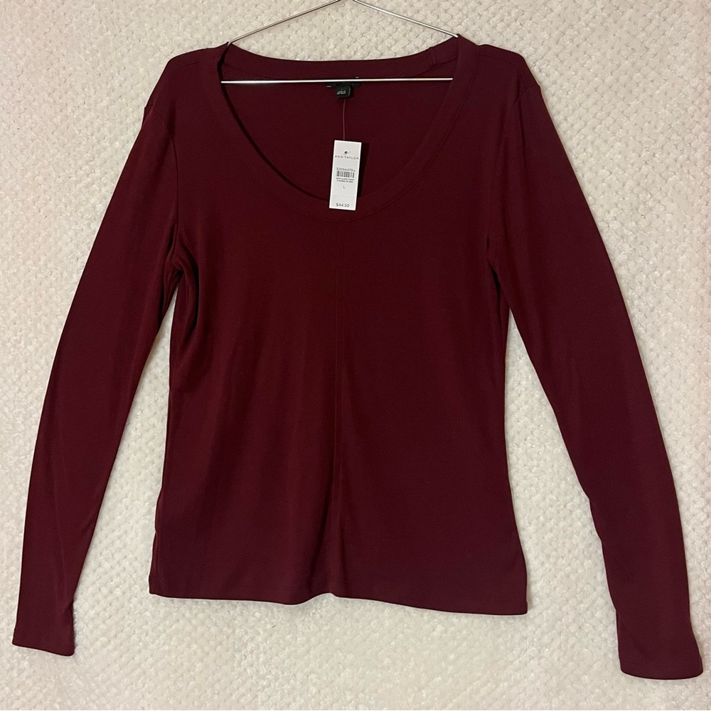 Ann Taylor Long Sleeve Top Scoop Neck Womens Maroon Red Large Casual Classic NWT
